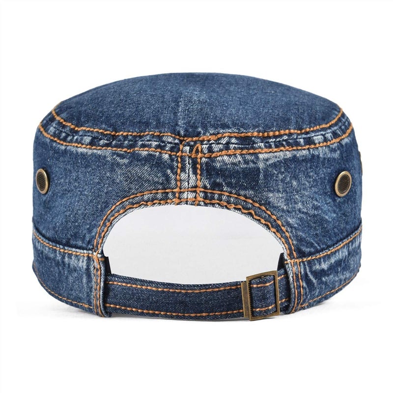 VOBOOM Washed Cotton Military Cadet Army Caps Unique Design Vintage Flat Top Hat (Denim Dark Blue) - Image 4